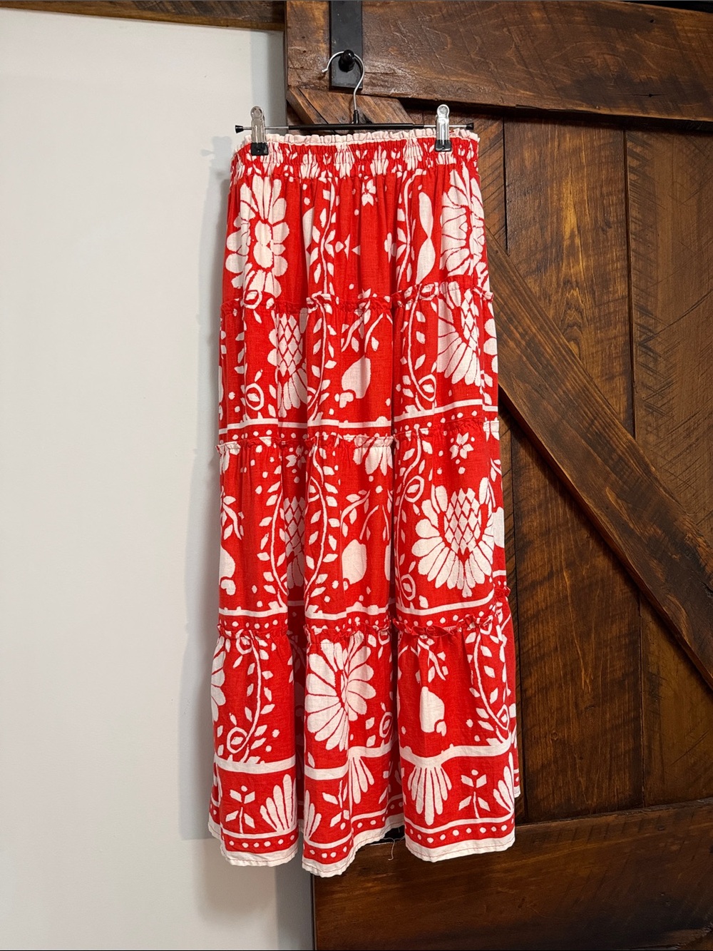 Haute Hippie Red and White Tiered Floral Maxi Skirt